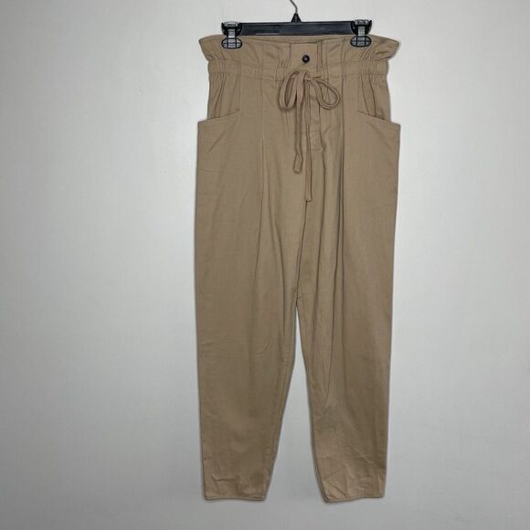 Francescas Pants Womens Small S Khaki Tan Paperbag NEW High Waisted Tie Mi Ami - Picture 1 of 8